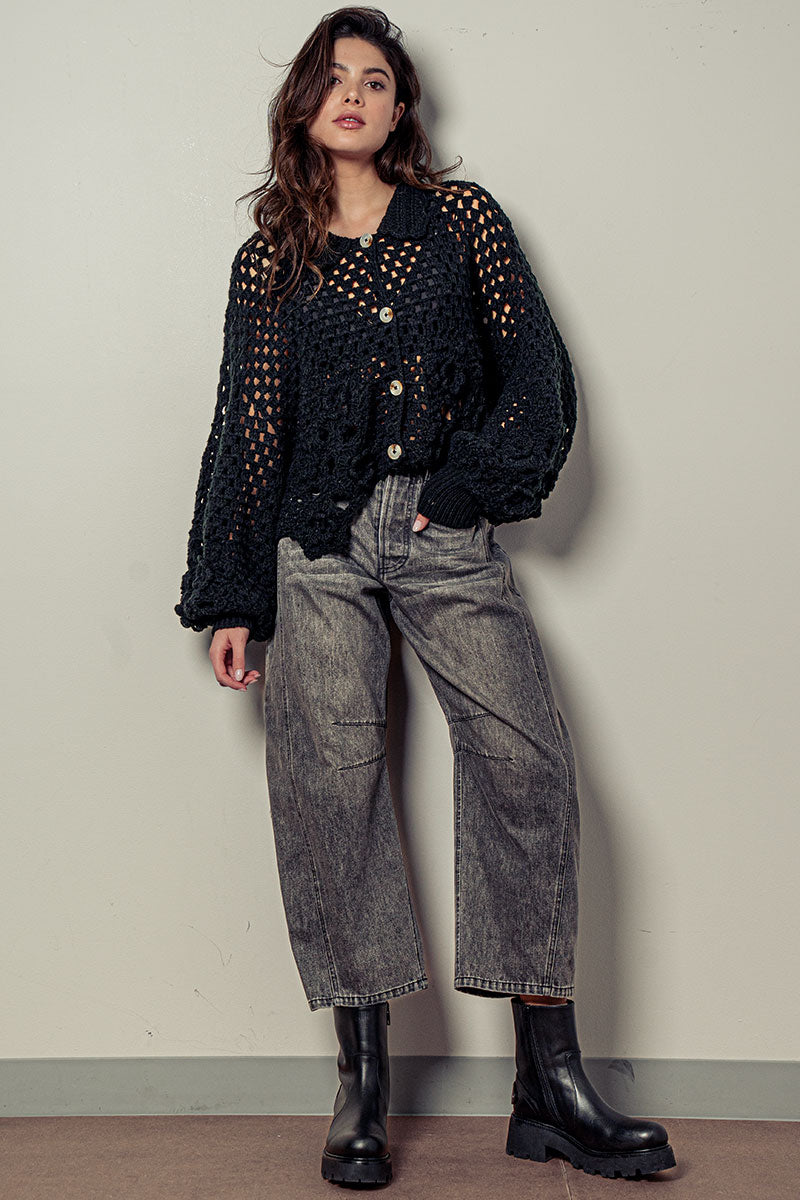 Urban Daizy Floral Crochet Button Up Sweater
