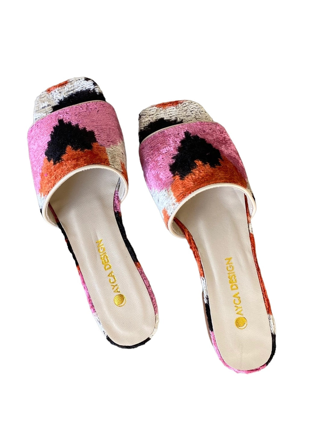 AYCA Design Silk Velvet Ikat Square Toe Slide with Heart