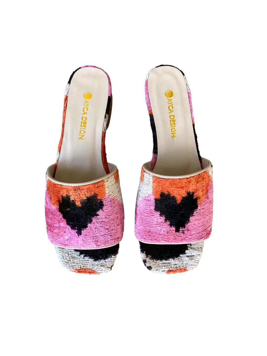 AYCA Design Silk Velvet Ikat Square Toe Slide with Heart
