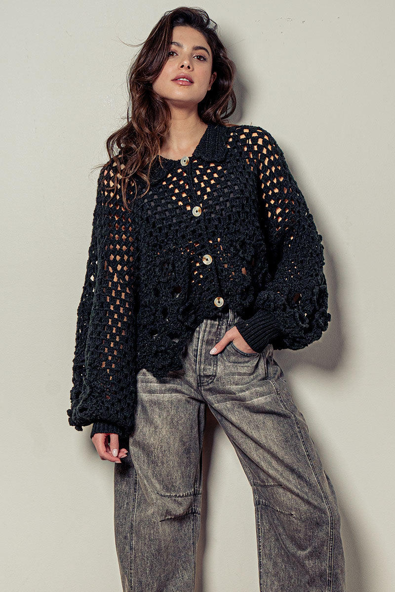 Urban Daizy Floral Crochet Button Up Sweater