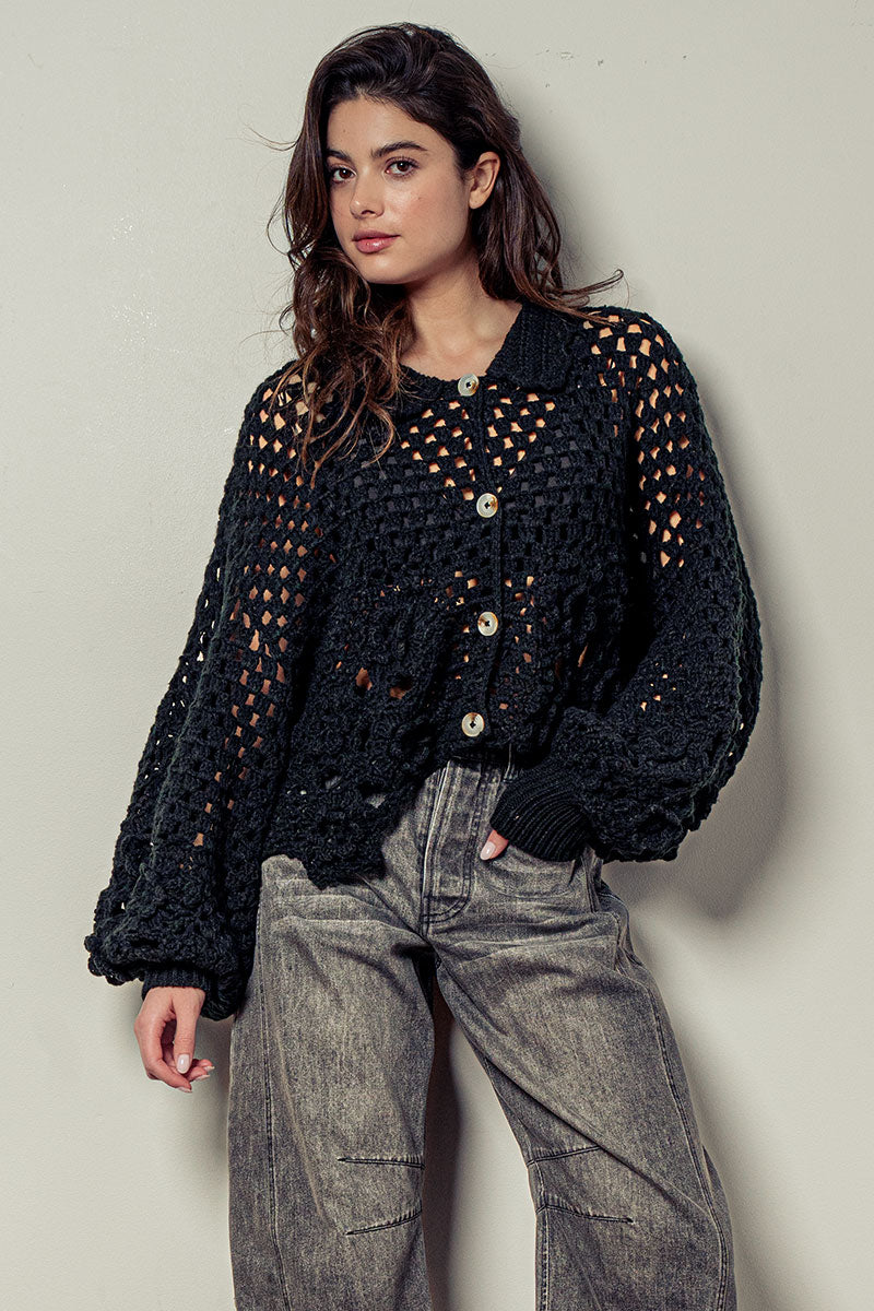 Urban Daizy Floral Crochet Button Up Sweater