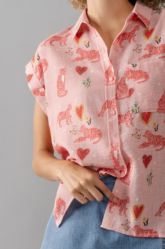 Urban Daizy Heart Tiger Print Collared Shirt