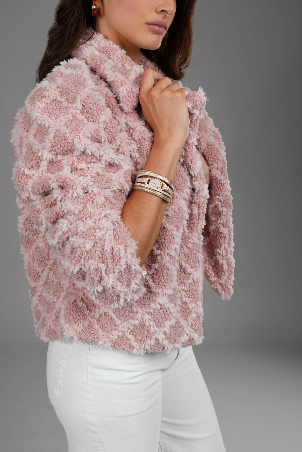 SAACHI Pink Diamond Patterned Collared Short Jacket