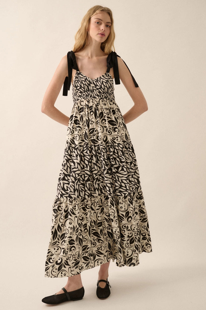 Promesa Black & White Floral Dress with Bow Straps