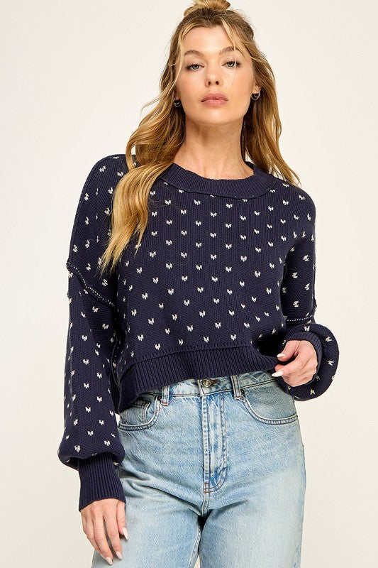 Miss Love Navy Mini Hearts Exposed Seam Sweater
