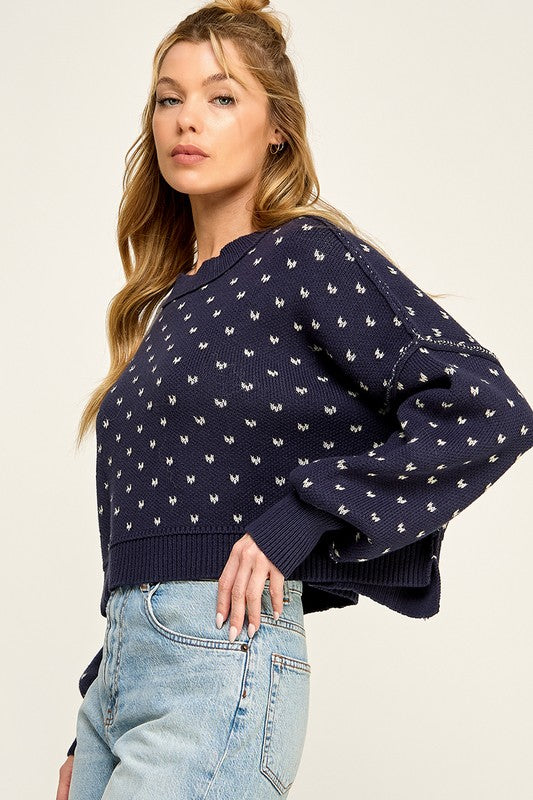 Miss Love Navy Mini Hearts Exposed Seam Sweater