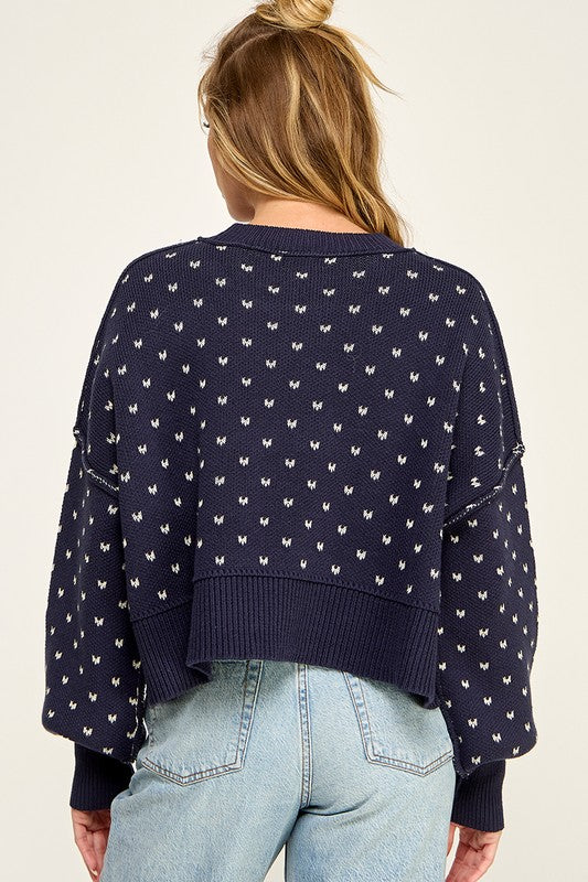 Miss Love Navy Mini Hearts Exposed Seam Sweater
