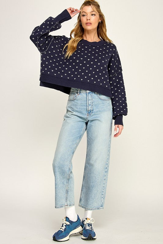Miss Love Navy Mini Hearts Exposed Seam Sweater
