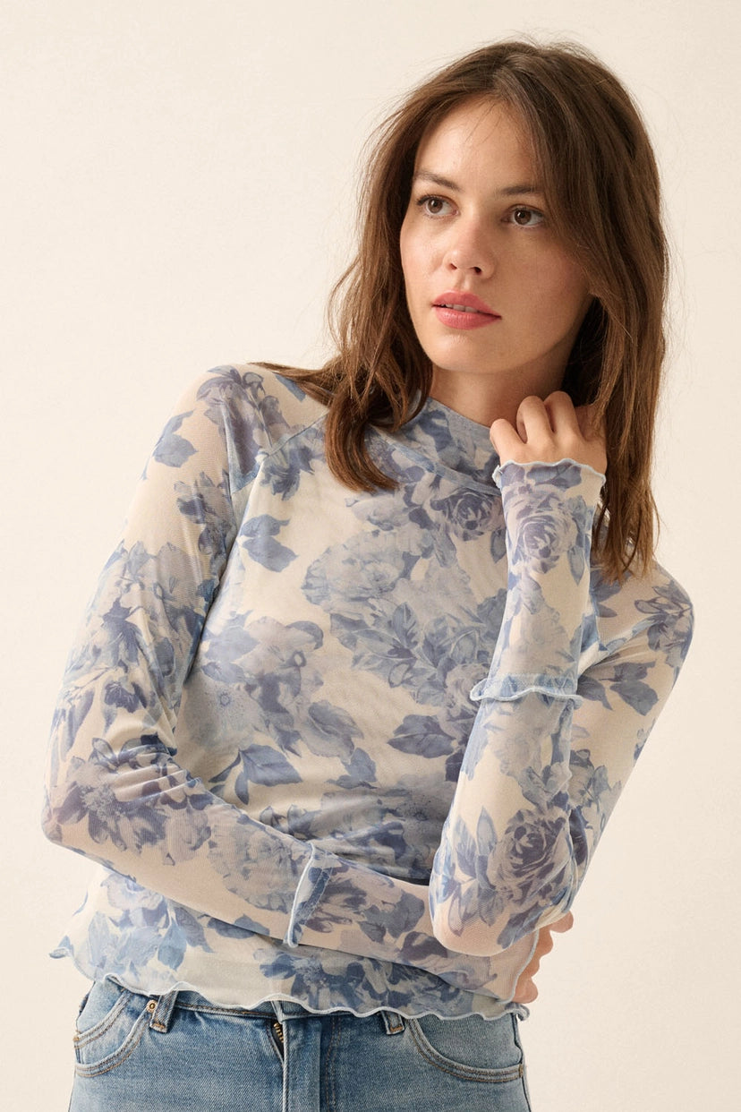 Promesa Blue Floral Sheer Top