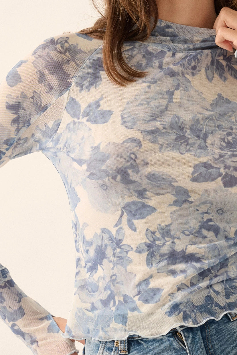 Promesa Blue Floral Sheer Top