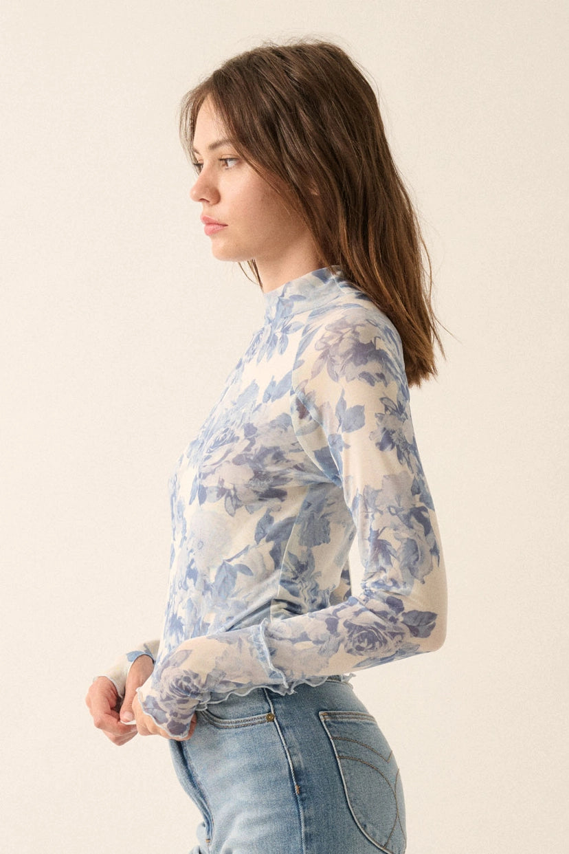 Promesa Blue Floral Sheer Top