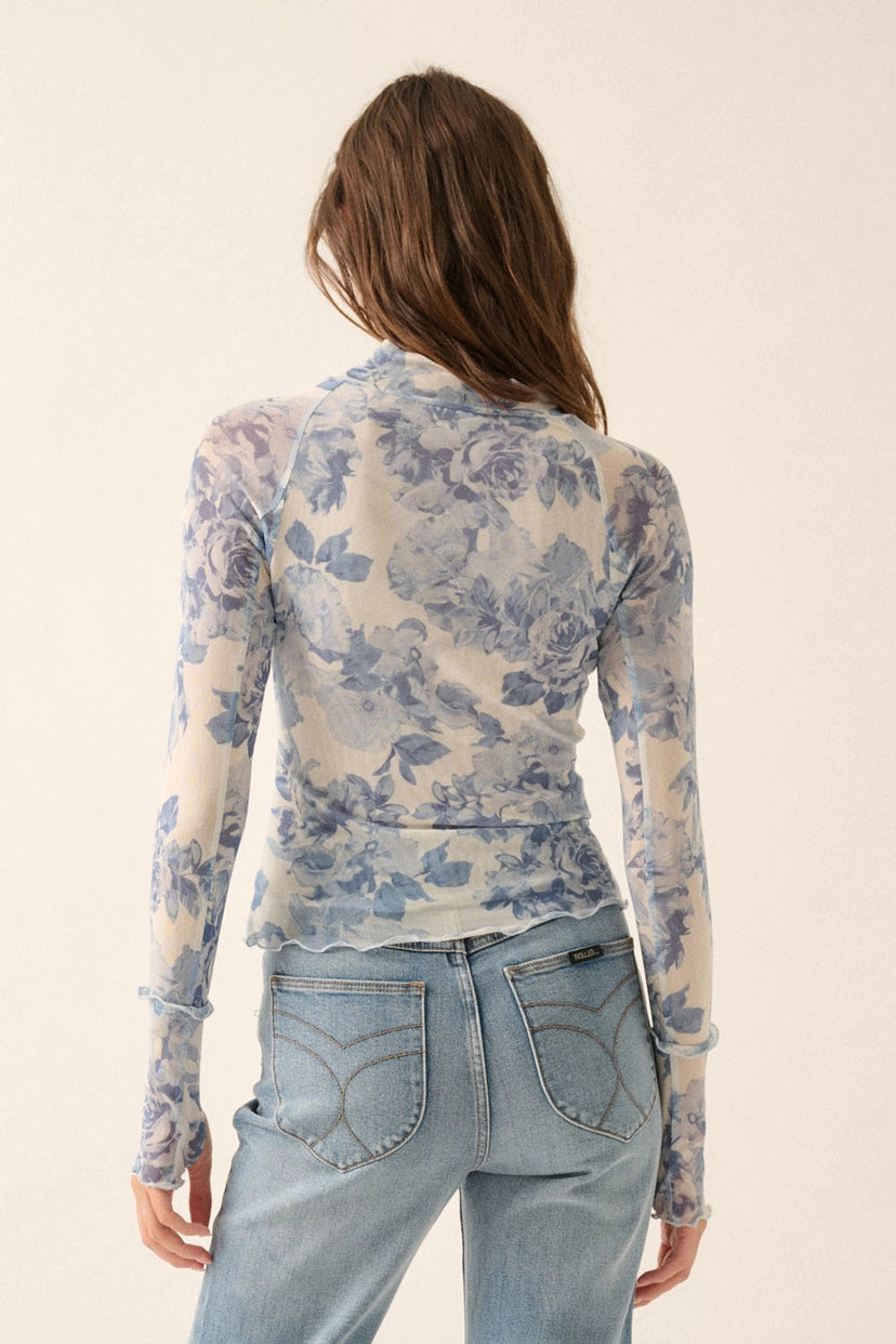 Promesa Blue Floral Sheer Top