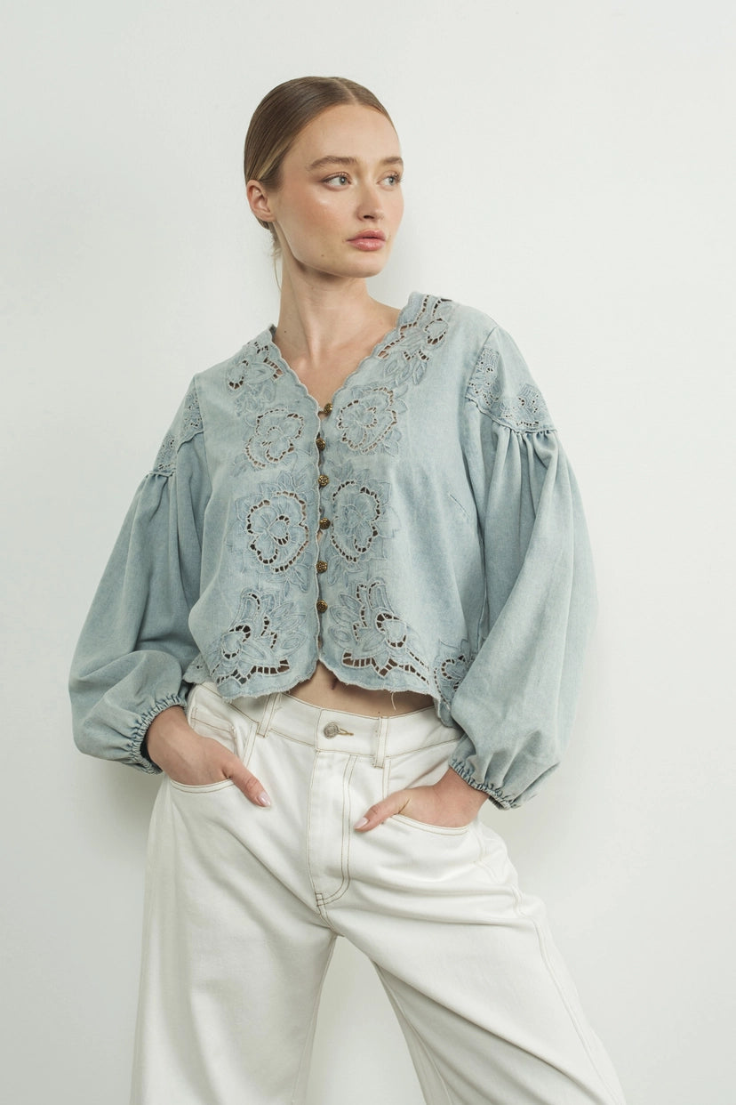 Aaron & Amber Denim Embroidered Blouse with Cut Outs