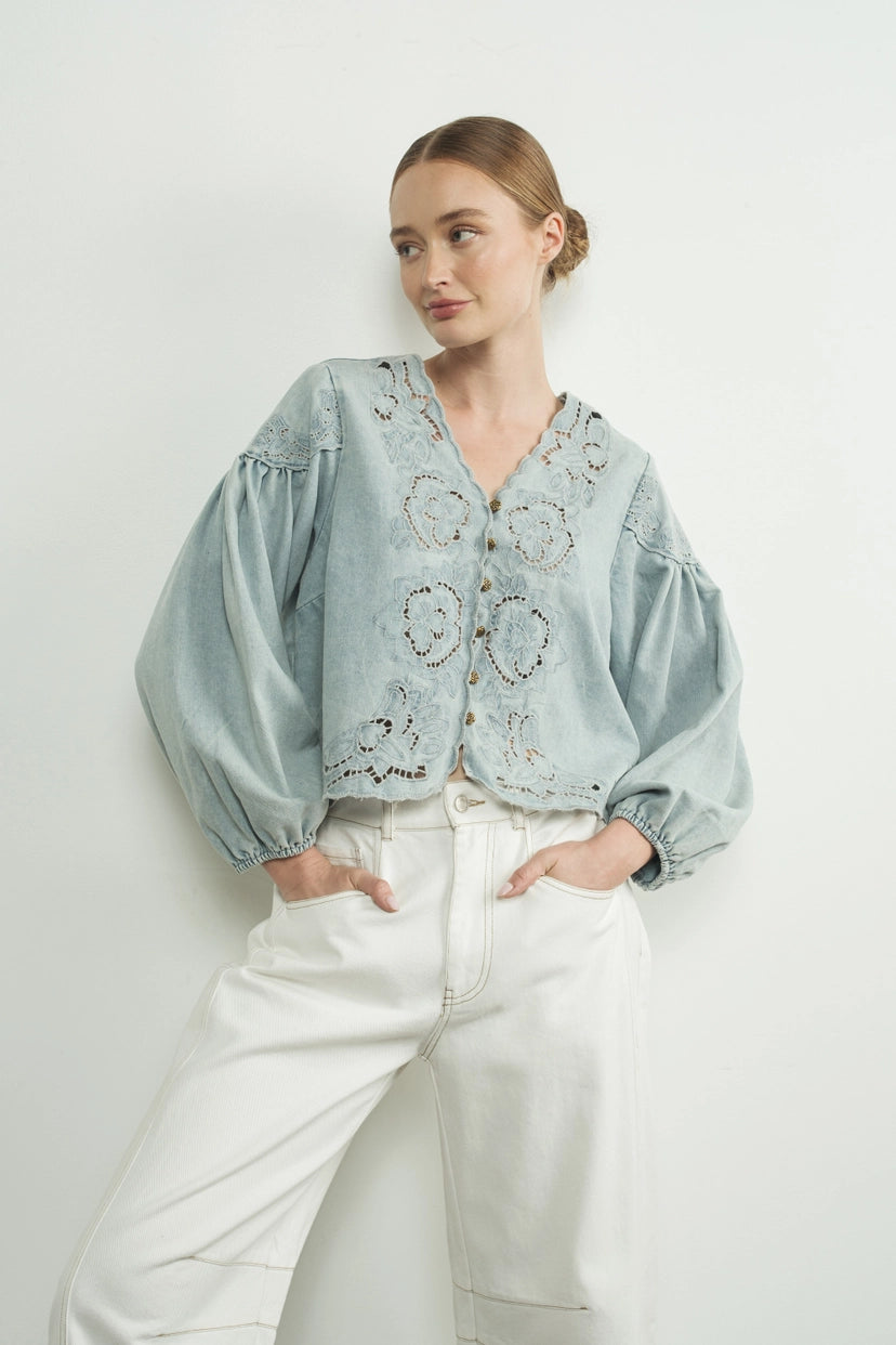Aaron & Amber Denim Embroidered Blouse with Cut Outs