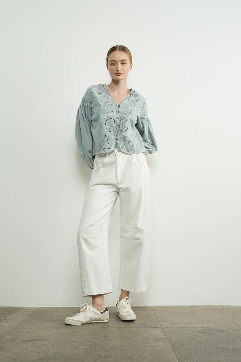 Aaron & Amber Denim Embroidered Blouse with Cut Outs
