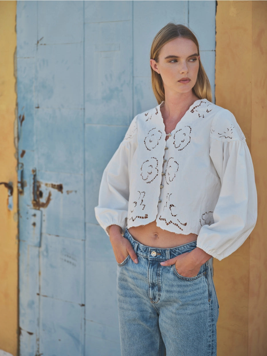 Aaron & Amber Denim Embroidered Blouse with Cut Outs