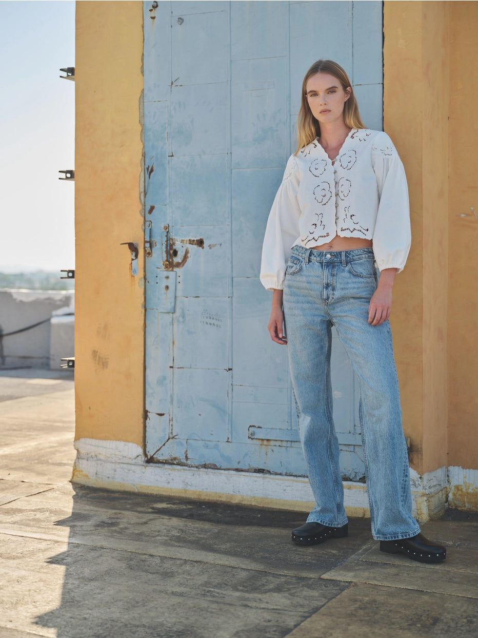 Aaron & Amber Denim Embroidered Blouse with Cut Outs