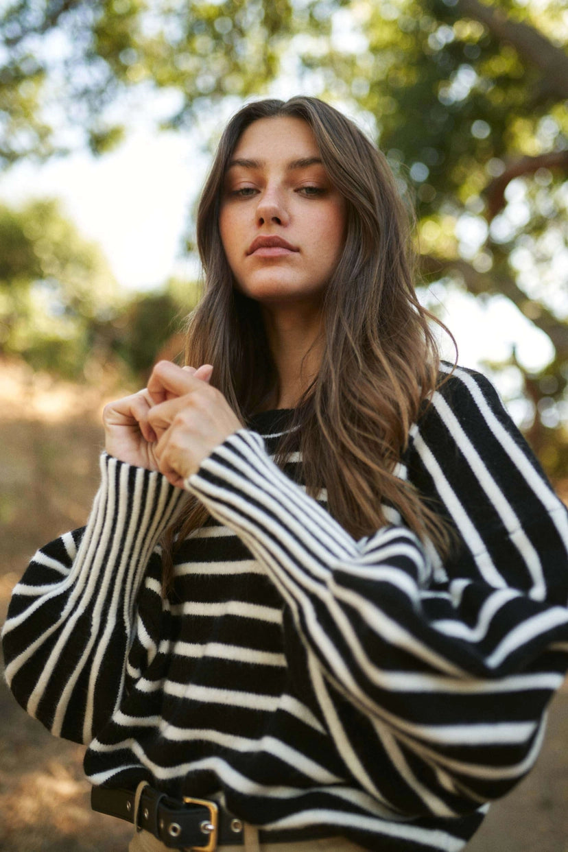 Mello. Black & White Striped Balloon Sleeve Sweater