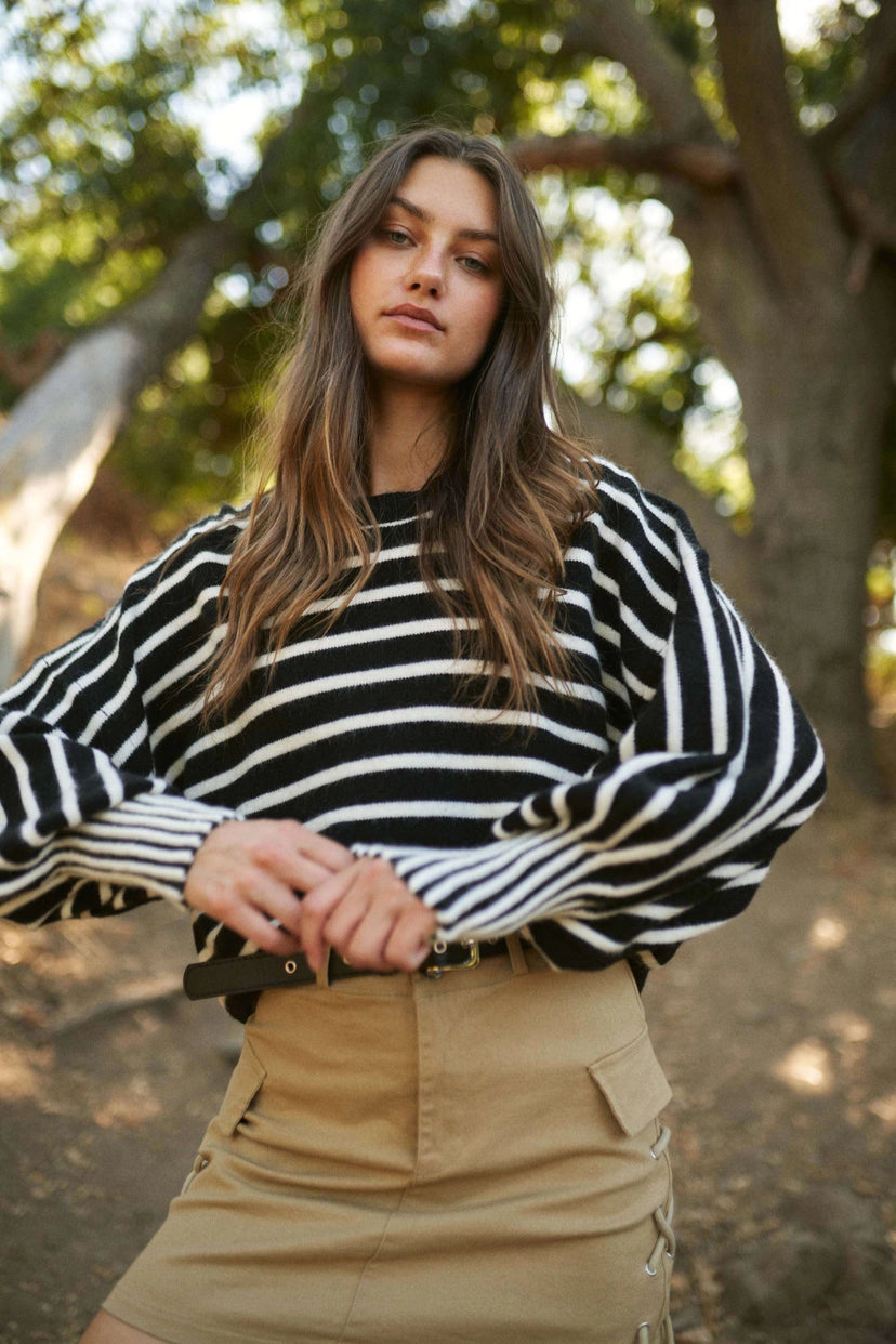 Mello. Black & White Striped Balloon Sleeve Sweater