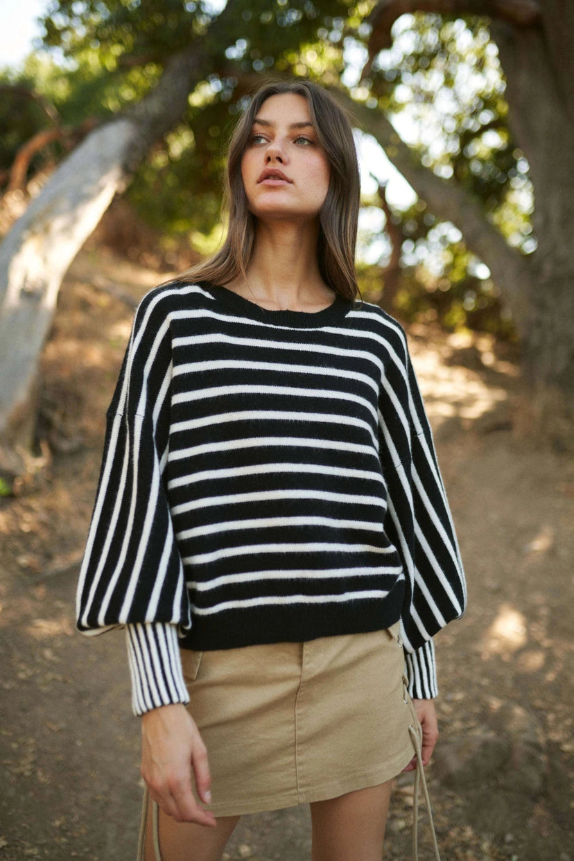 Mello. Black & White Striped Balloon Sleeve Sweater