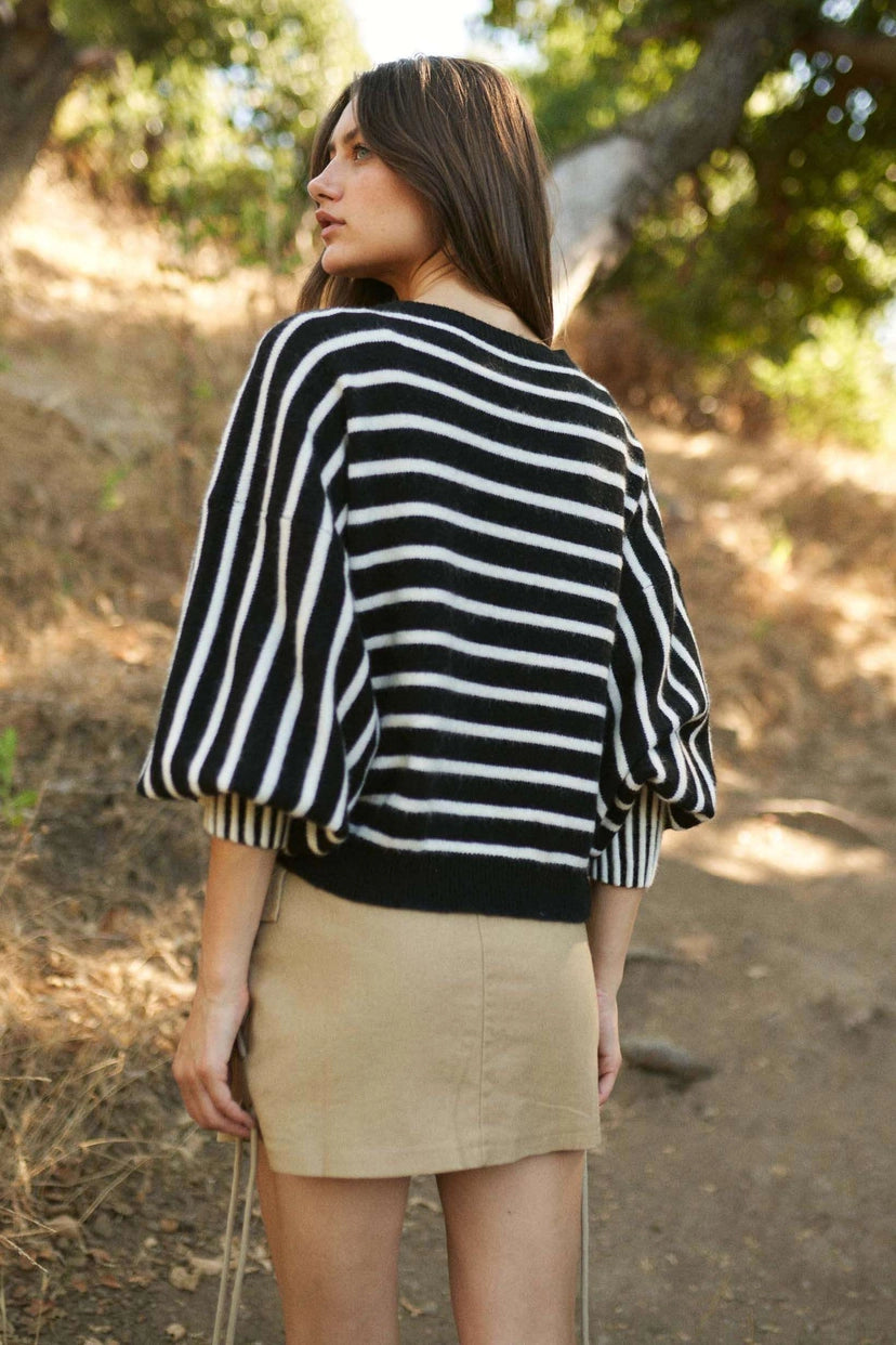 Mello. Black & White Striped Balloon Sleeve Sweater