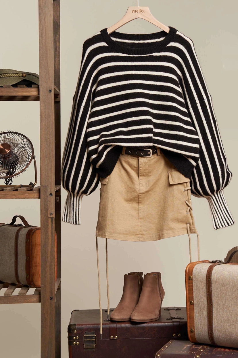 Mello. Black & White Striped Balloon Sleeve Sweater