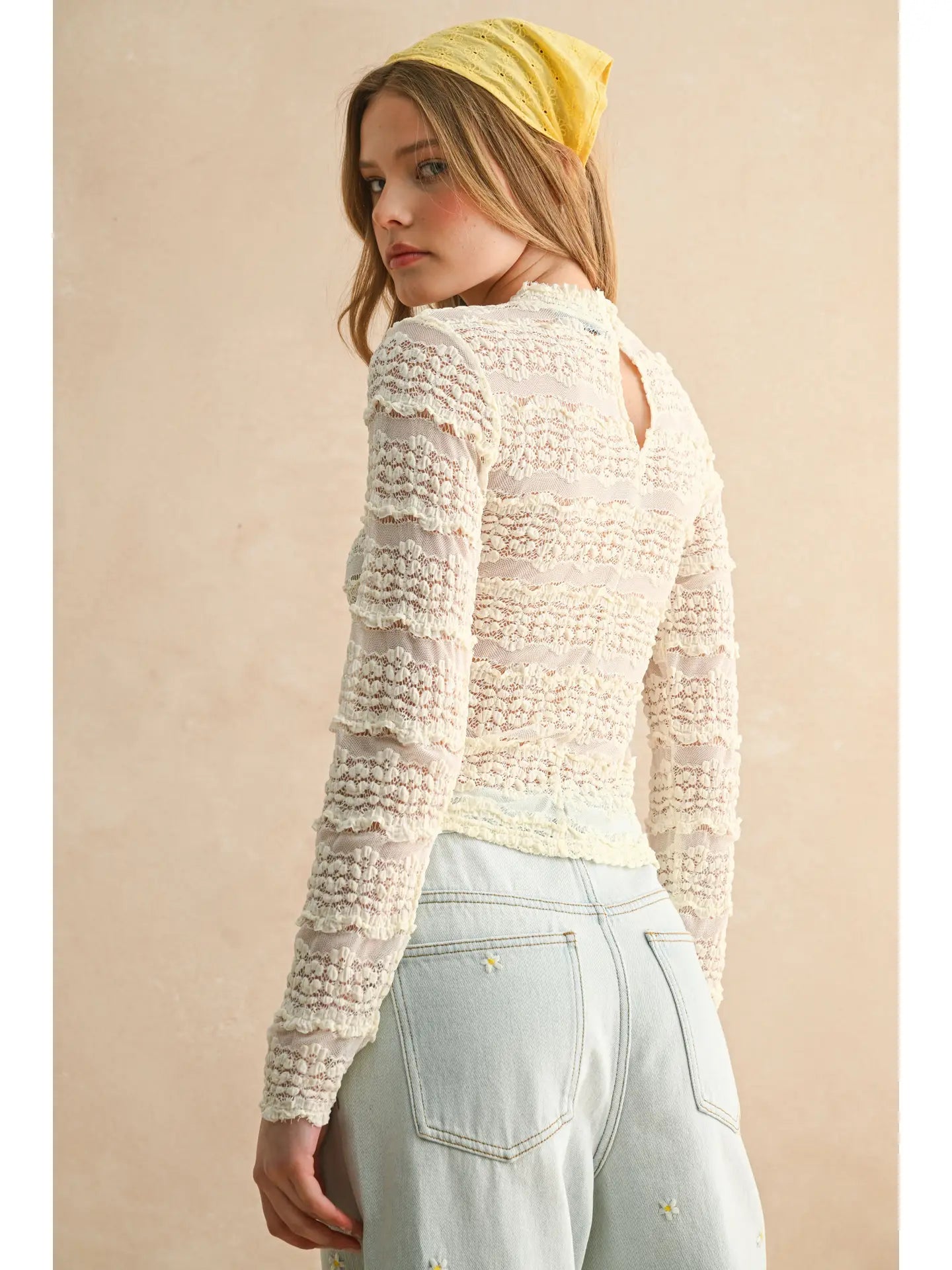 MIOU MUSE Lace Textured Mesh Long Sleeve