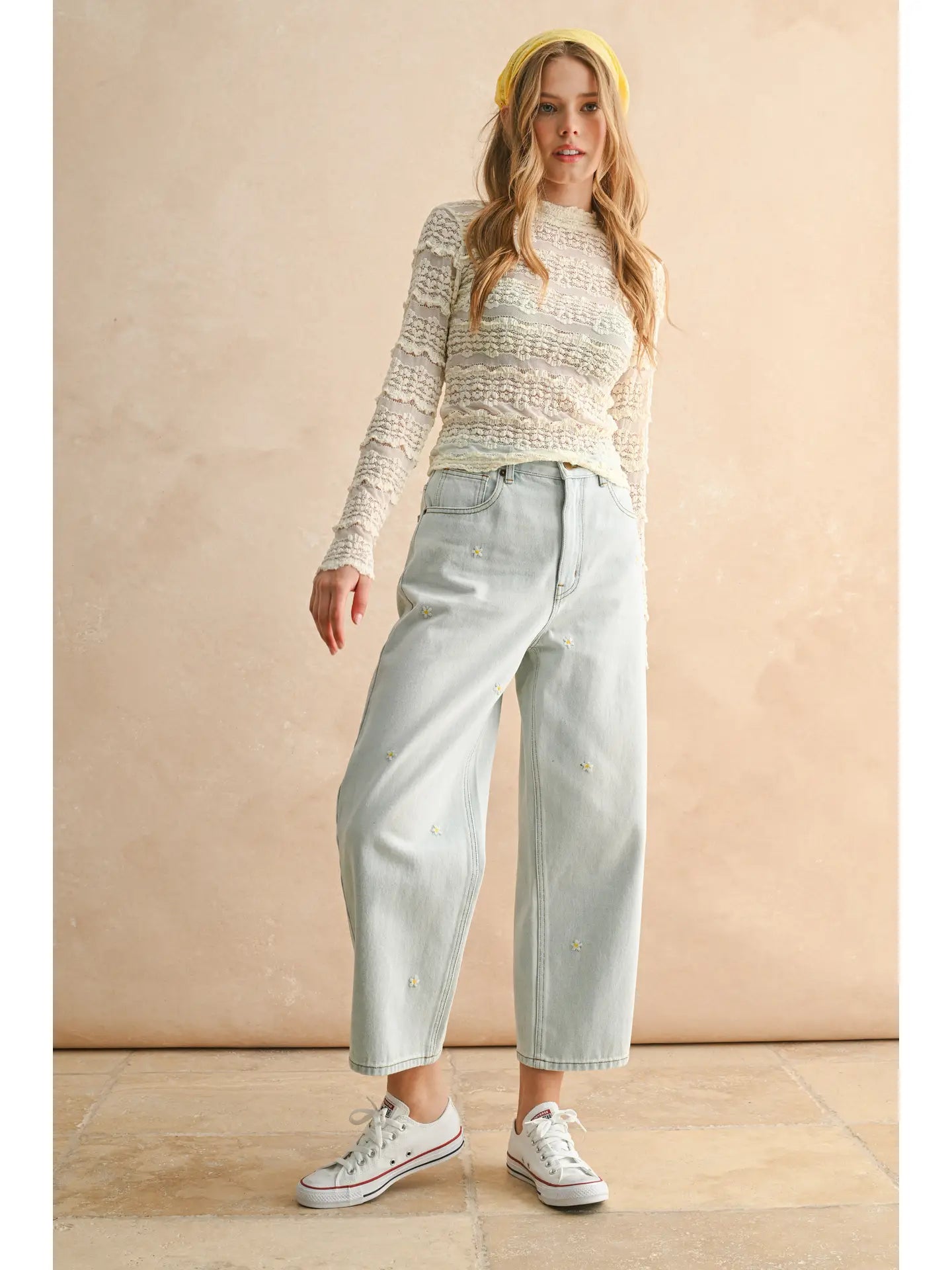 MIOU MUSE Lace Textured Mesh Long Sleeve