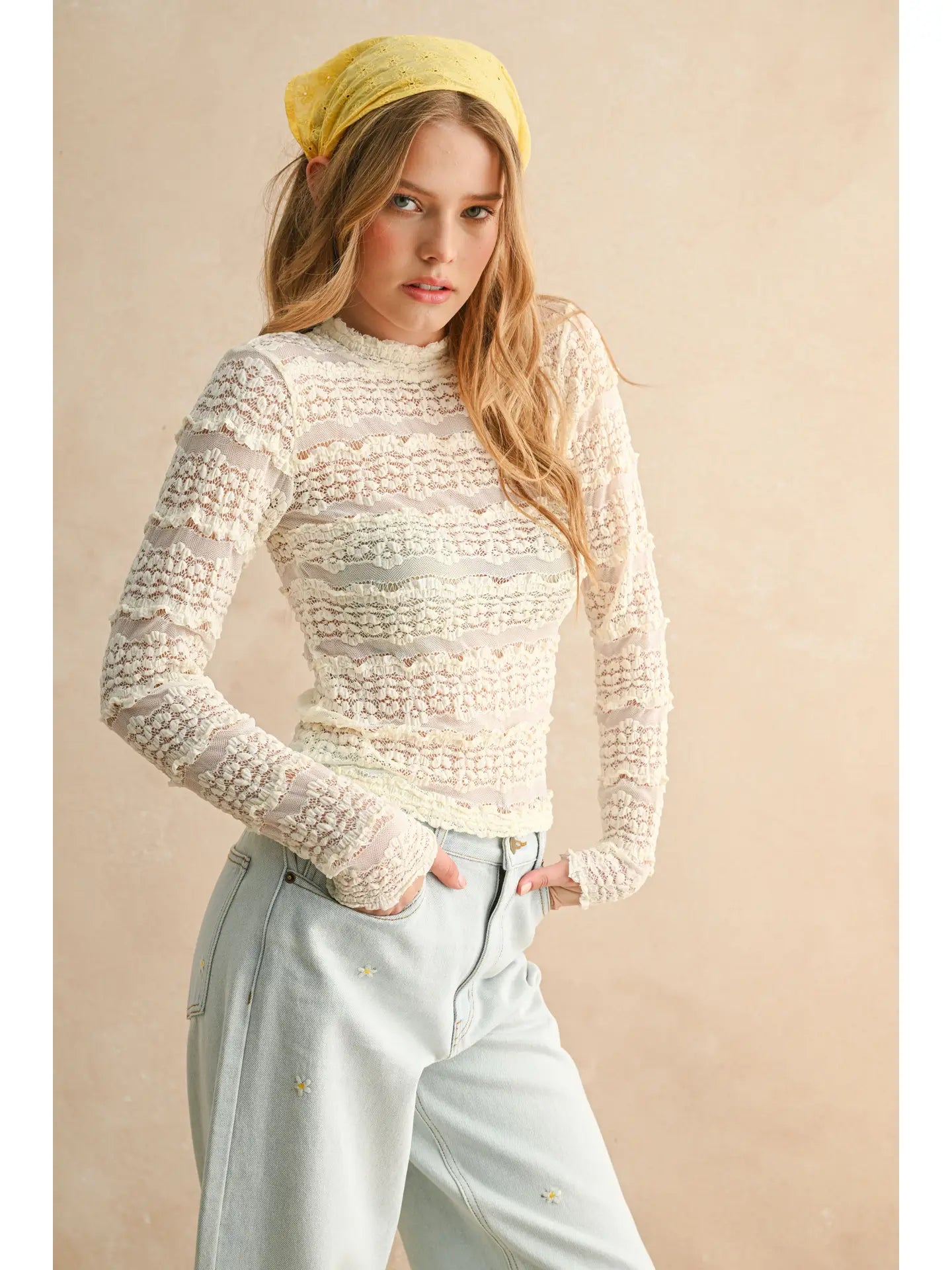 MIOU MUSE Lace Textured Mesh Long Sleeve