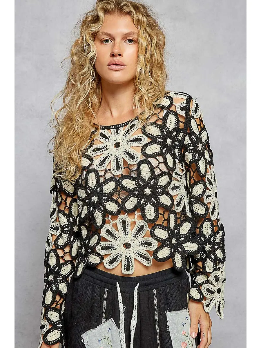POL Black & White Crochet Long Sleeve