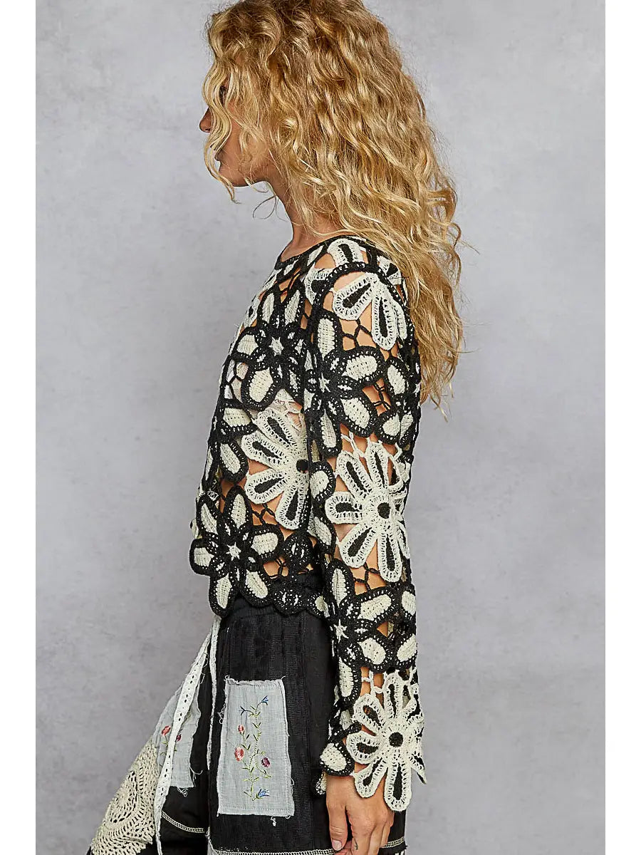POL Black & White Crochet Long Sleeve