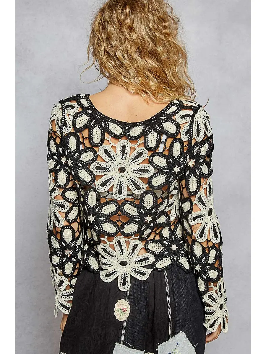 POL Black & White Crochet Long Sleeve