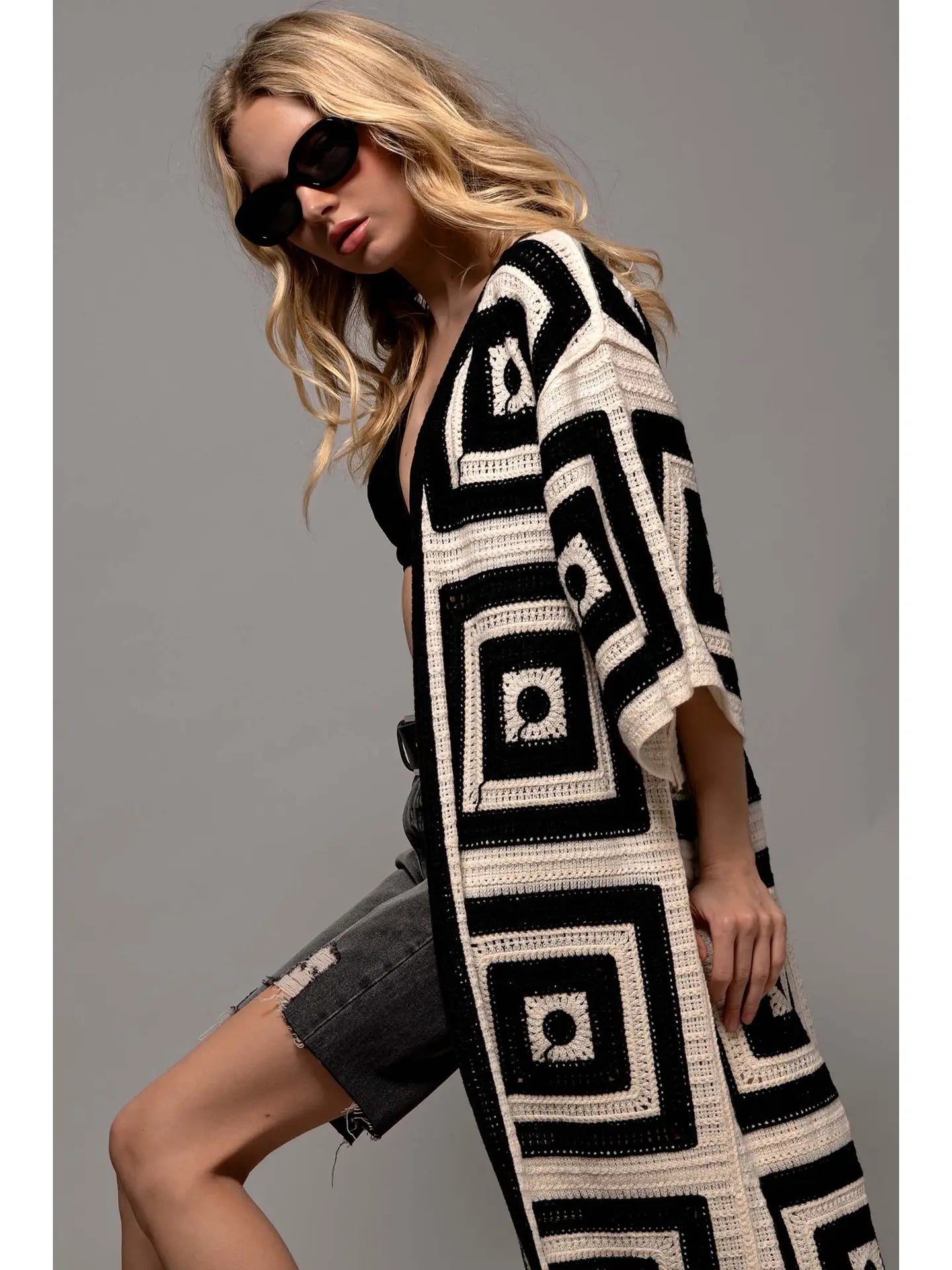 Do Everything In Love Black & White Open Cardigan
