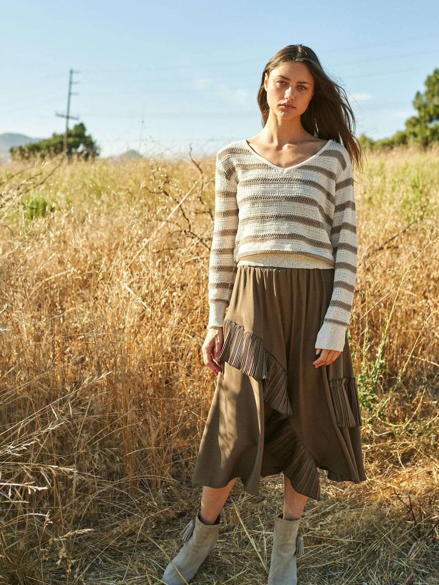 Mello. Brown Ruffle Midi Skirt