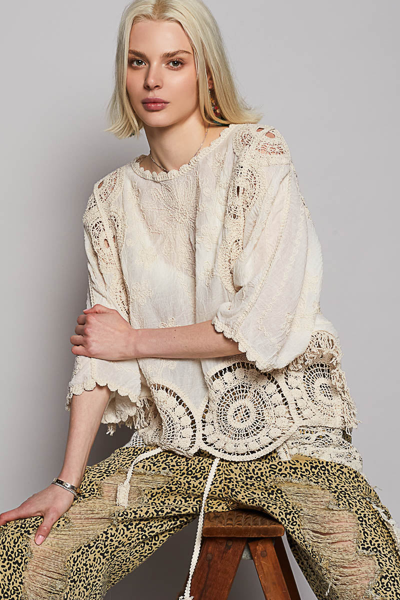 POL Short Sleeve Crochet Embroidered Top