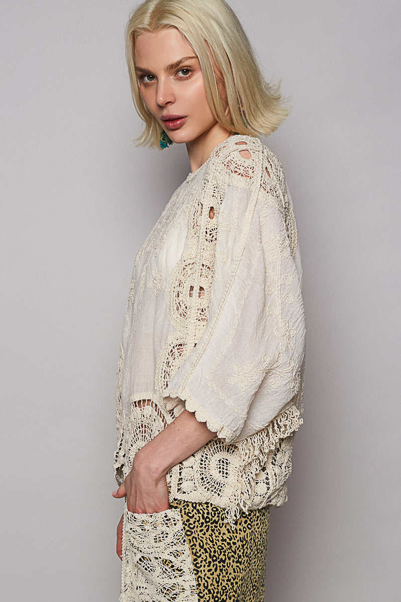 POL Short Sleeve Crochet Embroidered Top