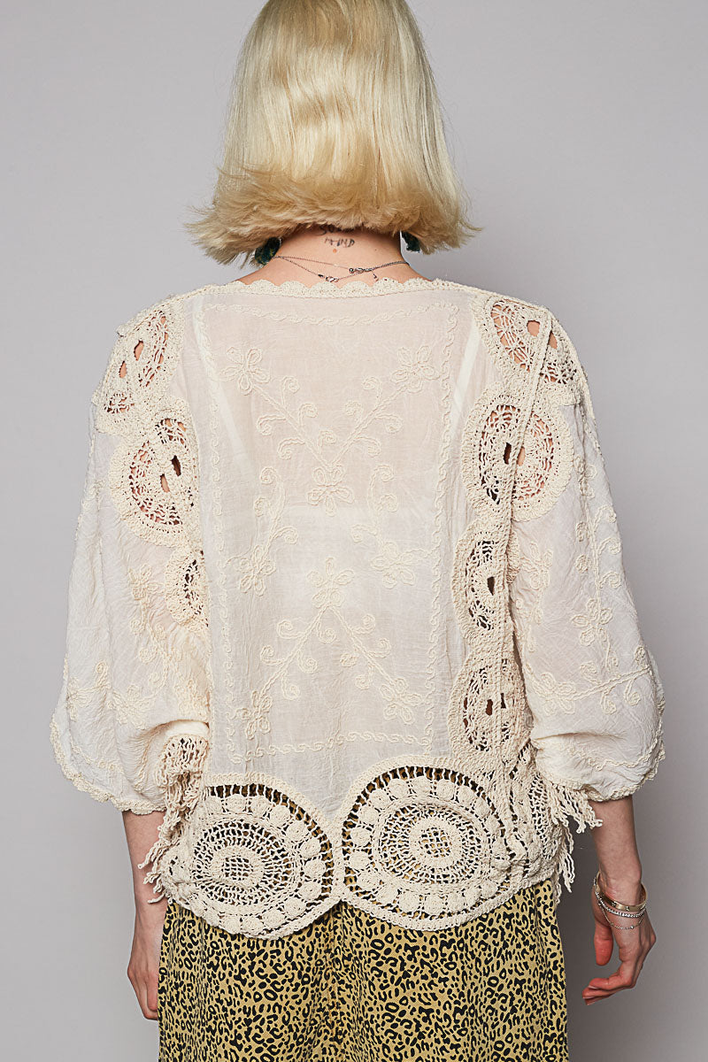 POL Short Sleeve Crochet Embroidered Top