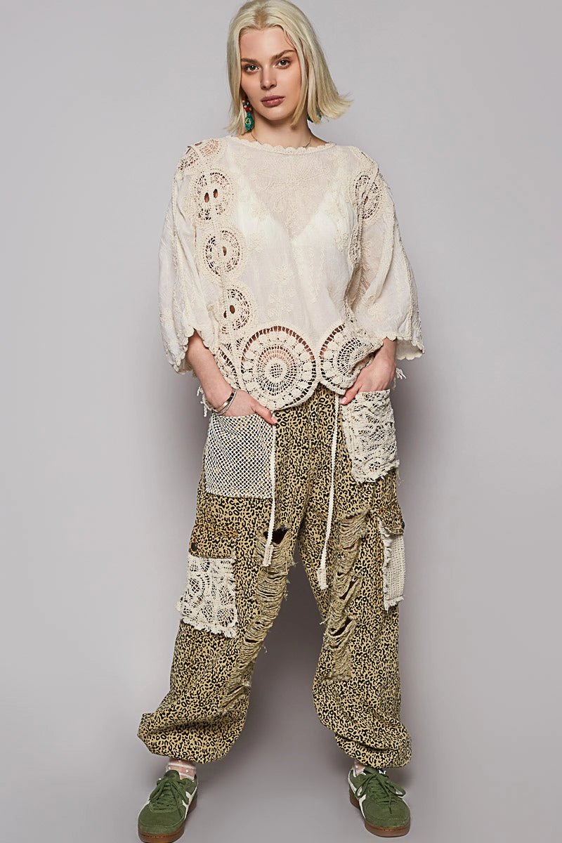 POL Short Sleeve Crochet Embroidered Top