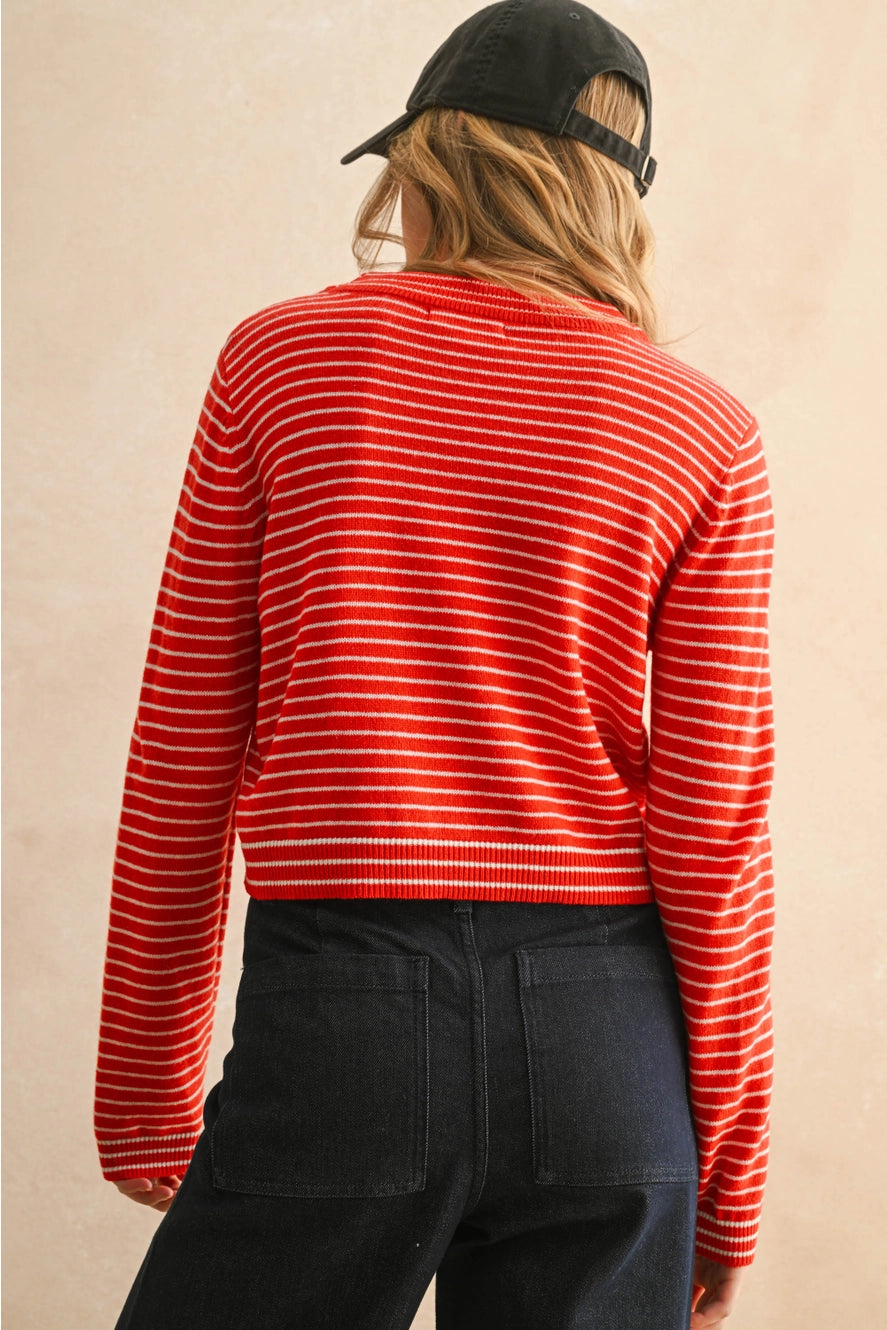 MIOU MUSE Red & White Striped Crew Neck Sweater