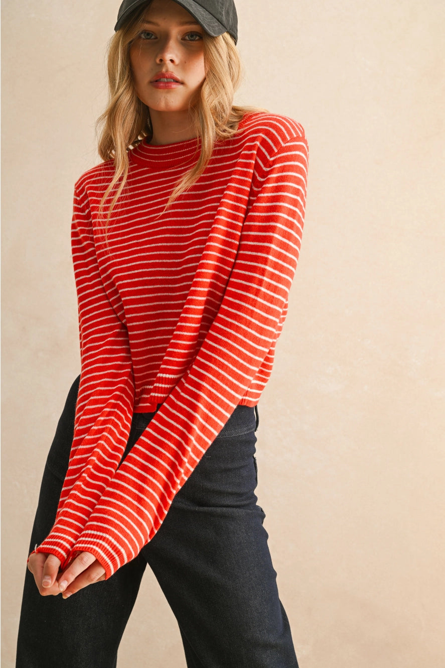 MIOU MUSE Red & White Striped Crew Neck Sweater