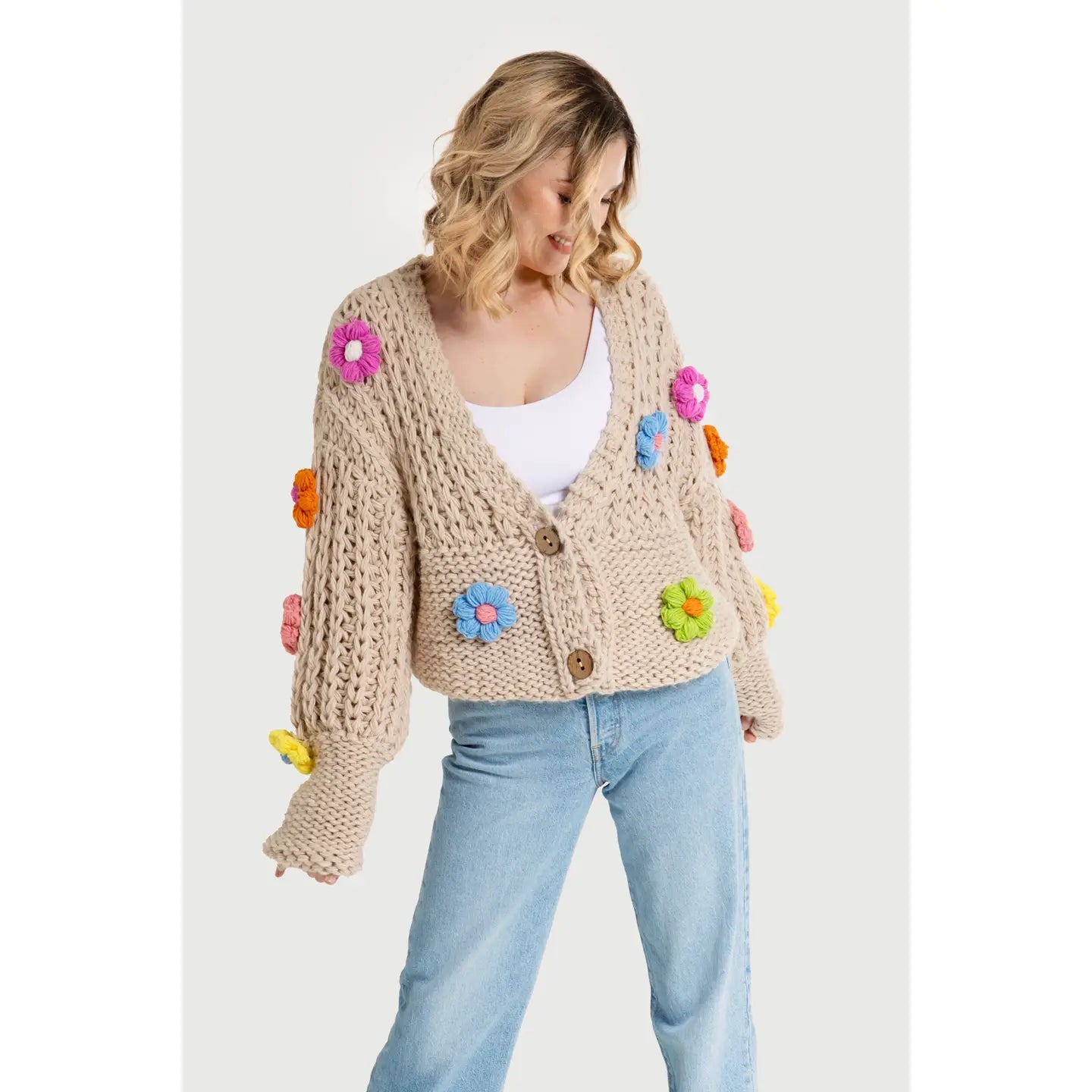 SAACHI Knitted Floral Appliqué Cardigan with Buttons