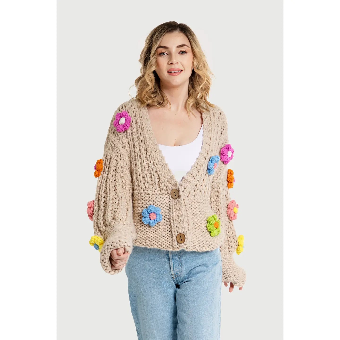 SAACHI Knitted Floral Appliqué Cardigan with Buttons