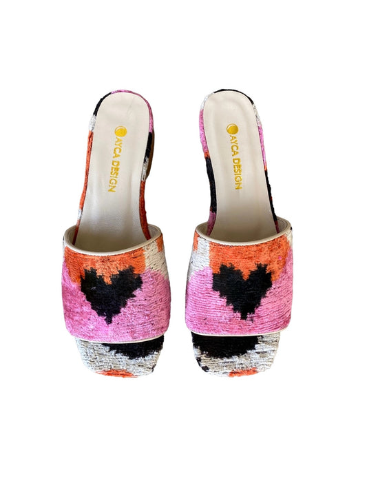 AYCA Design Silk Velvet Ikat Square Toe Slide with Heart