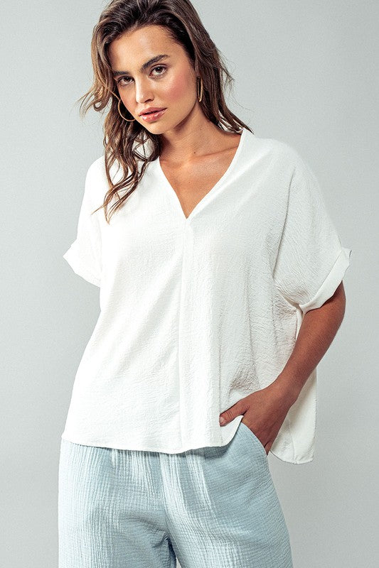 Urban Daizy Oversized V-Neck Folded Short Sleeve Top