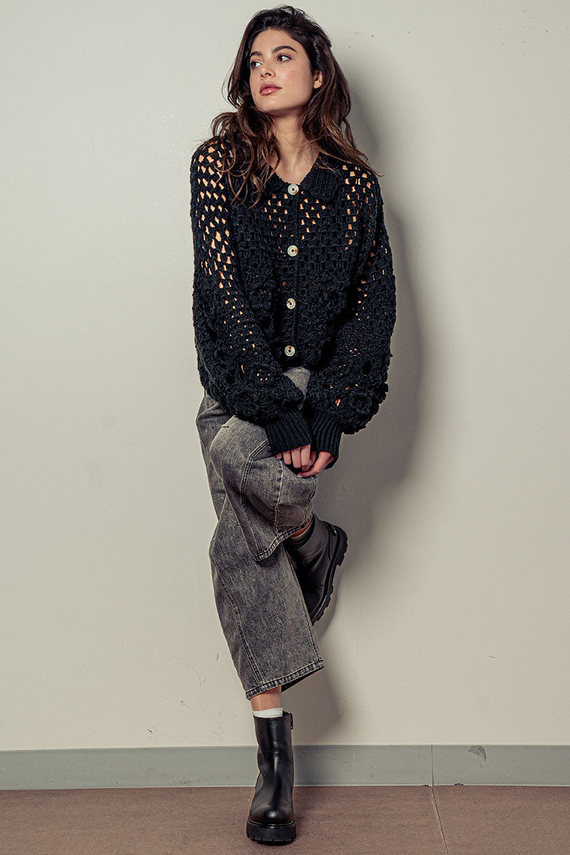 Urban Daizy Floral Crochet Button Up Sweater