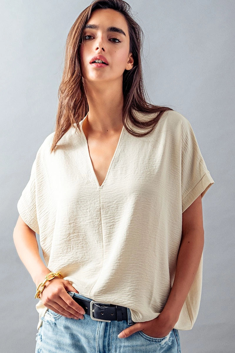 Urban Daizy Oversized V-Neck Folded Short Sleeve Top