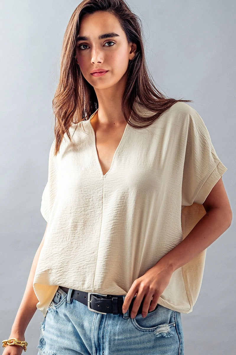 Urban Daizy Oversized V-Neck Folded Short Sleeve Top