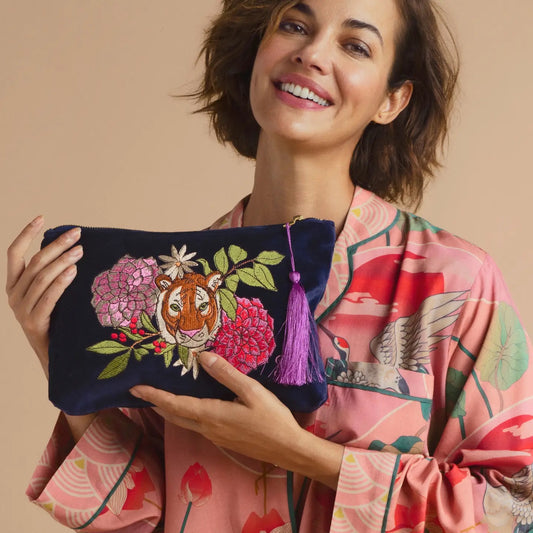 Powder Design Inc. Velvet Zip Pouch - Floral Tiger Face in Indigo