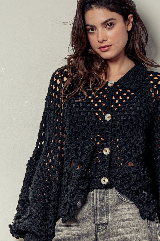 Urban Daizy Floral Crochet Button Up Sweater