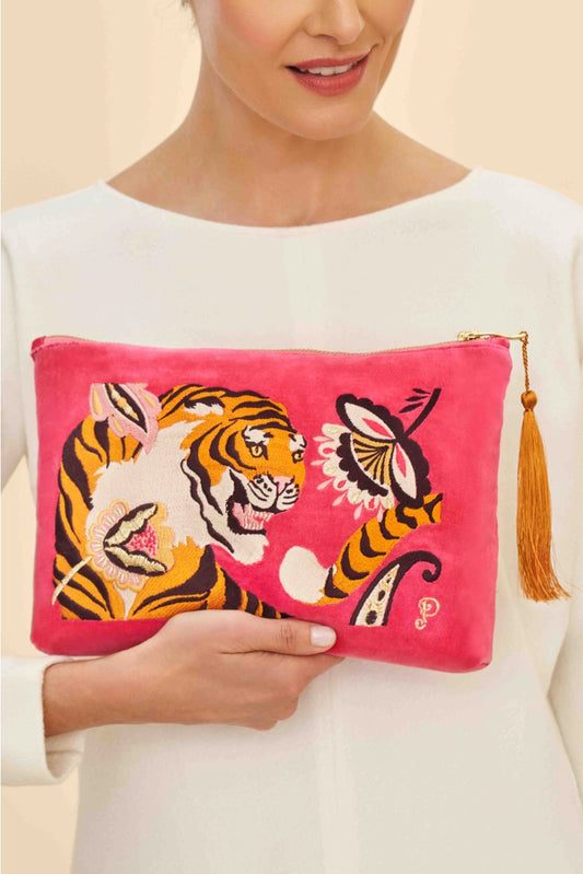 Powder Design Inc. Velvet Embroidered Zip Pouch - Thrill of the Tiger